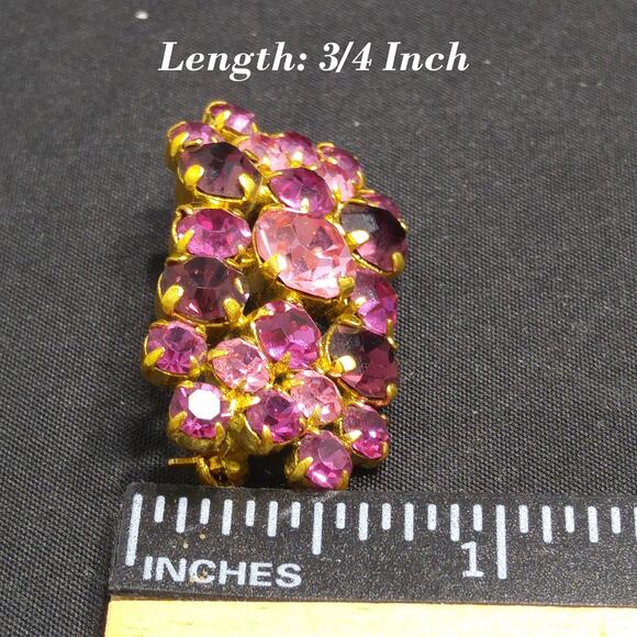Vintage Pink & Red Rhinestone Rectangle Brooch, Gold Plated, 1960s - Picture 6 of 10